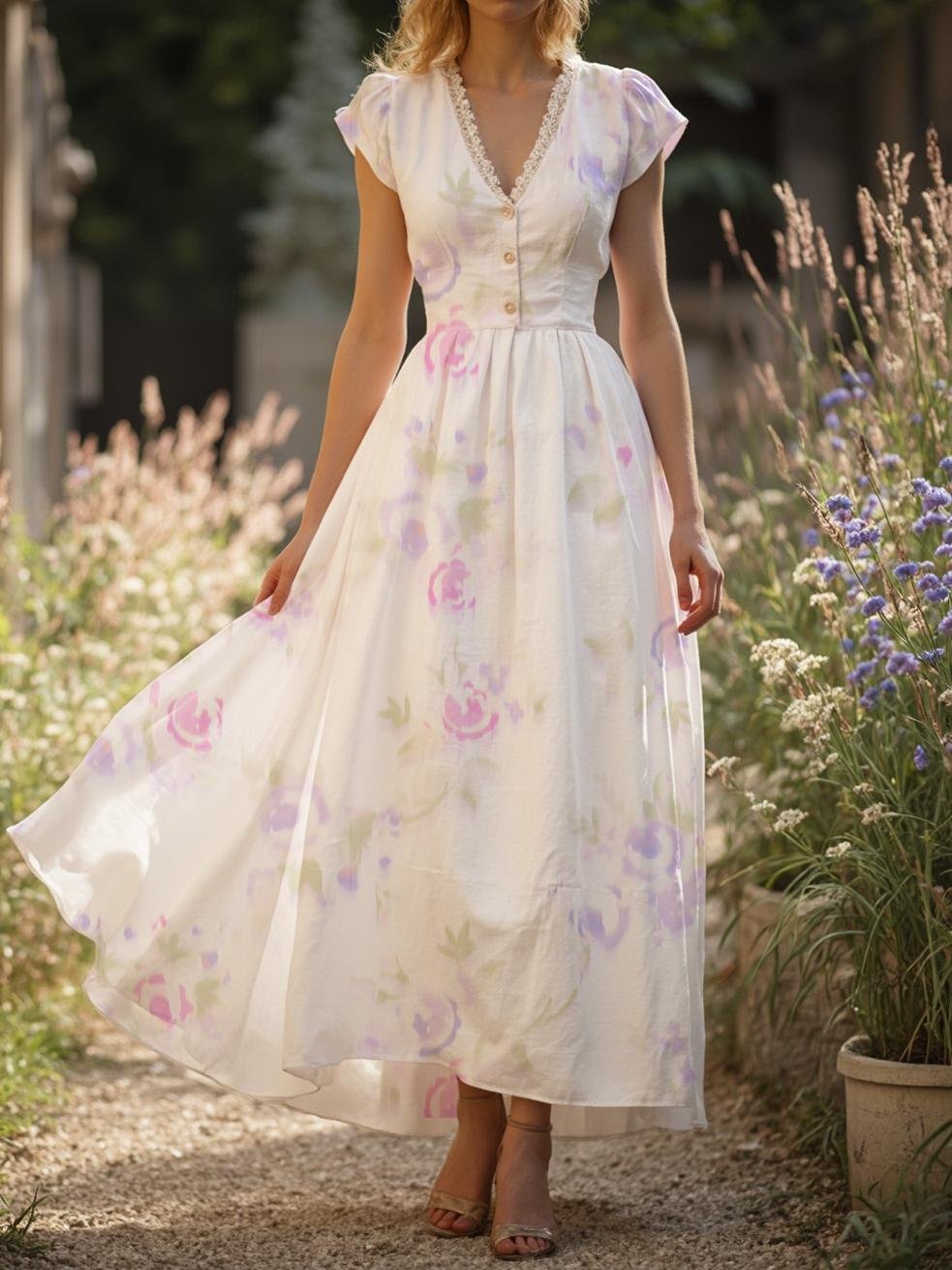 Linen Maxi Dress, Short Sleeve, Lace Collar, Floral, Vintage, White