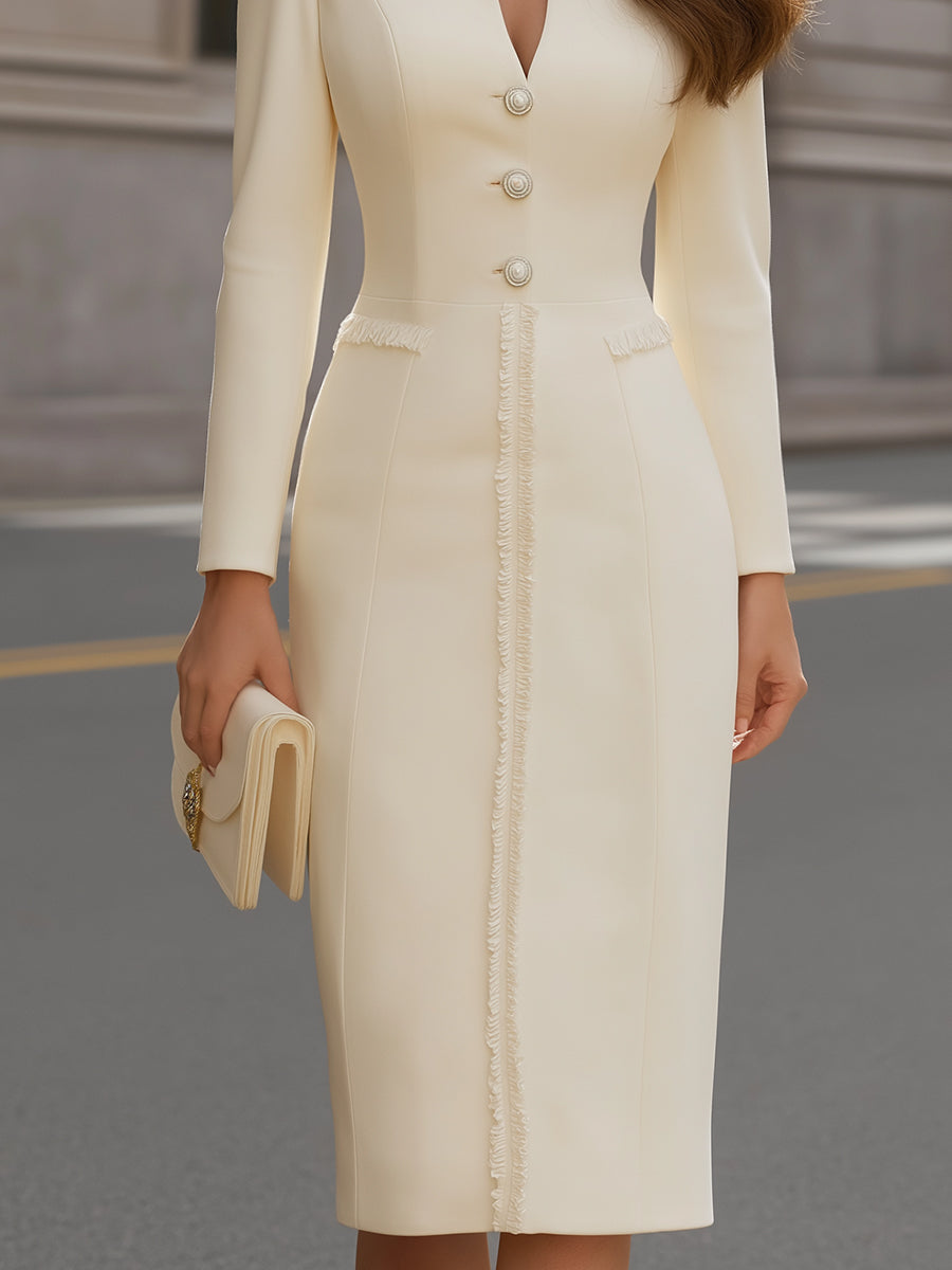 Button-Front Notched Neck Midi Sheath Dress With Textured Trim