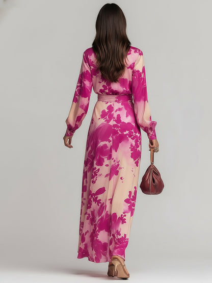 Romantic Rose-red Floral V-neck Long Dress With Tie Waist