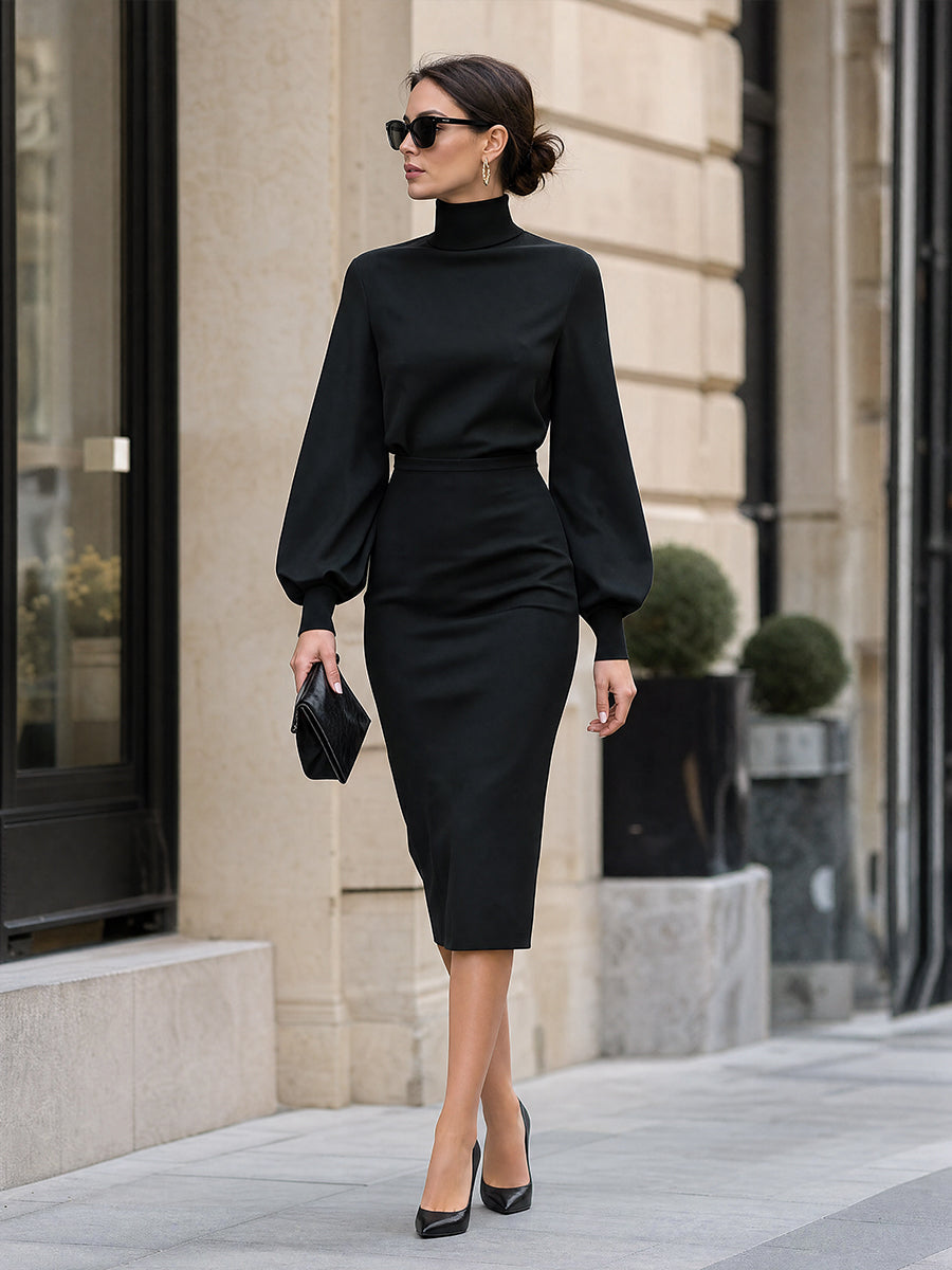 Mock-Neck Bishop-Sleeve Tailored Midi Dress