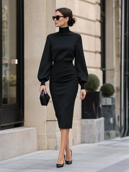 Mock-Neck Bishop-Sleeve Tailored Midi Dress