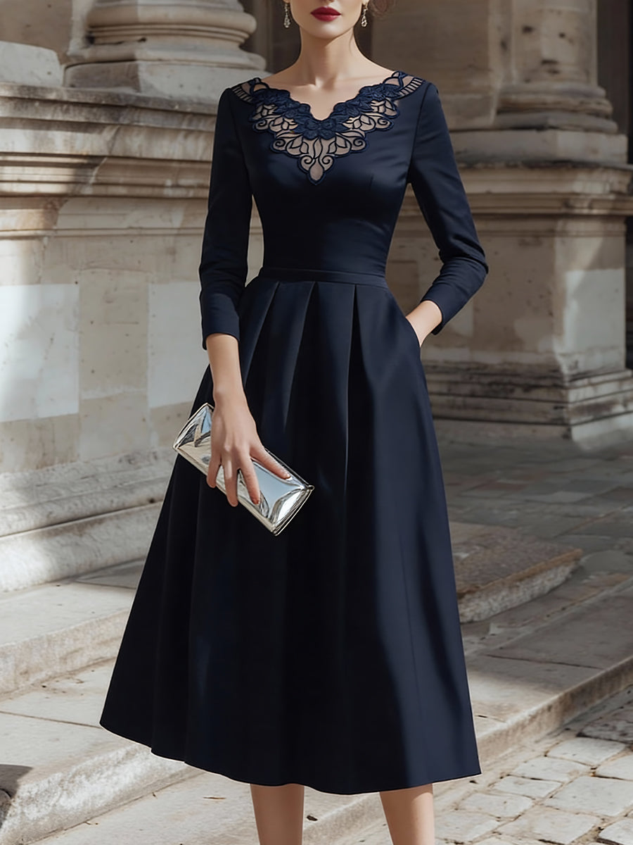 Embroidered Neckline Midi Dress With Defined Waist