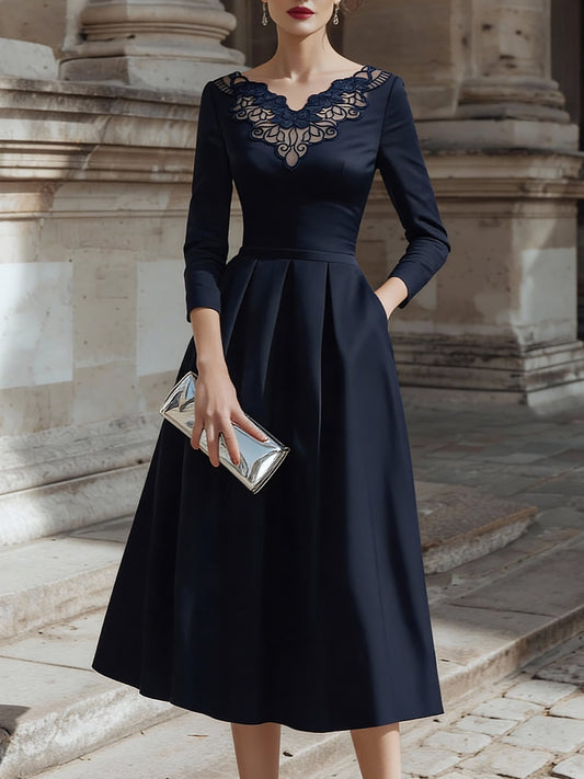 Embroidered Neckline Midi Dress With Defined Waist