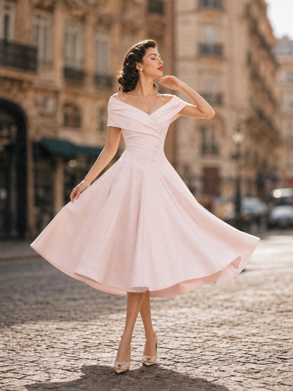 1950s Vintage Pink Off-Shoulder Button-Detail Fit-and-Flare Midi Dress