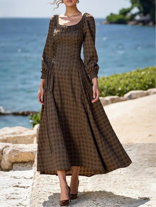 Jane Collection - Brown Plaid Linen-Cotton Dress