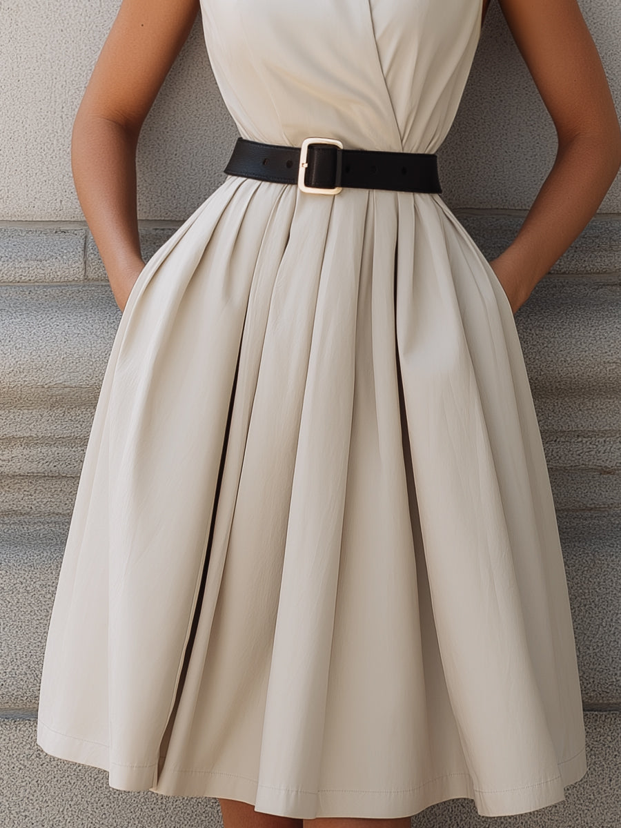 Sleeveless High-Neck Belted A-Line Midi Dress