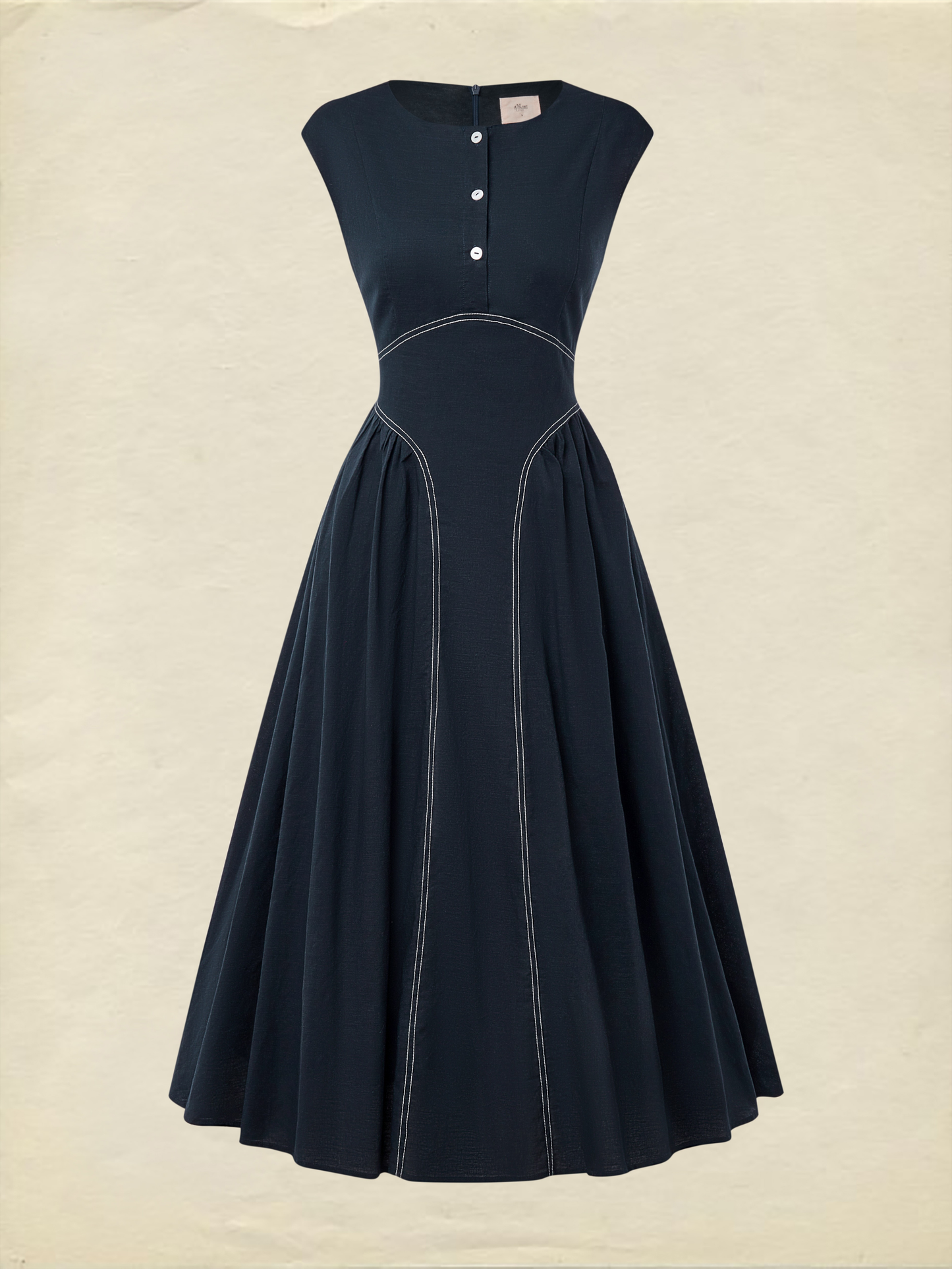 Maxi Linen Dress, Cap Sleeves, Crew Neck, Plain, Pocket Design, French Vintage, Blue