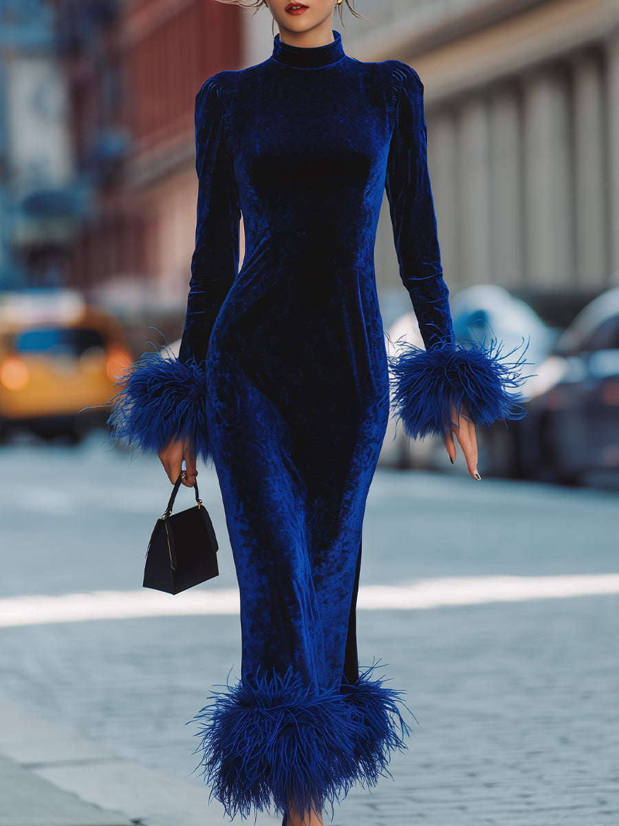 Glamorous Royal Blue Velvet Dress With Feather Trims