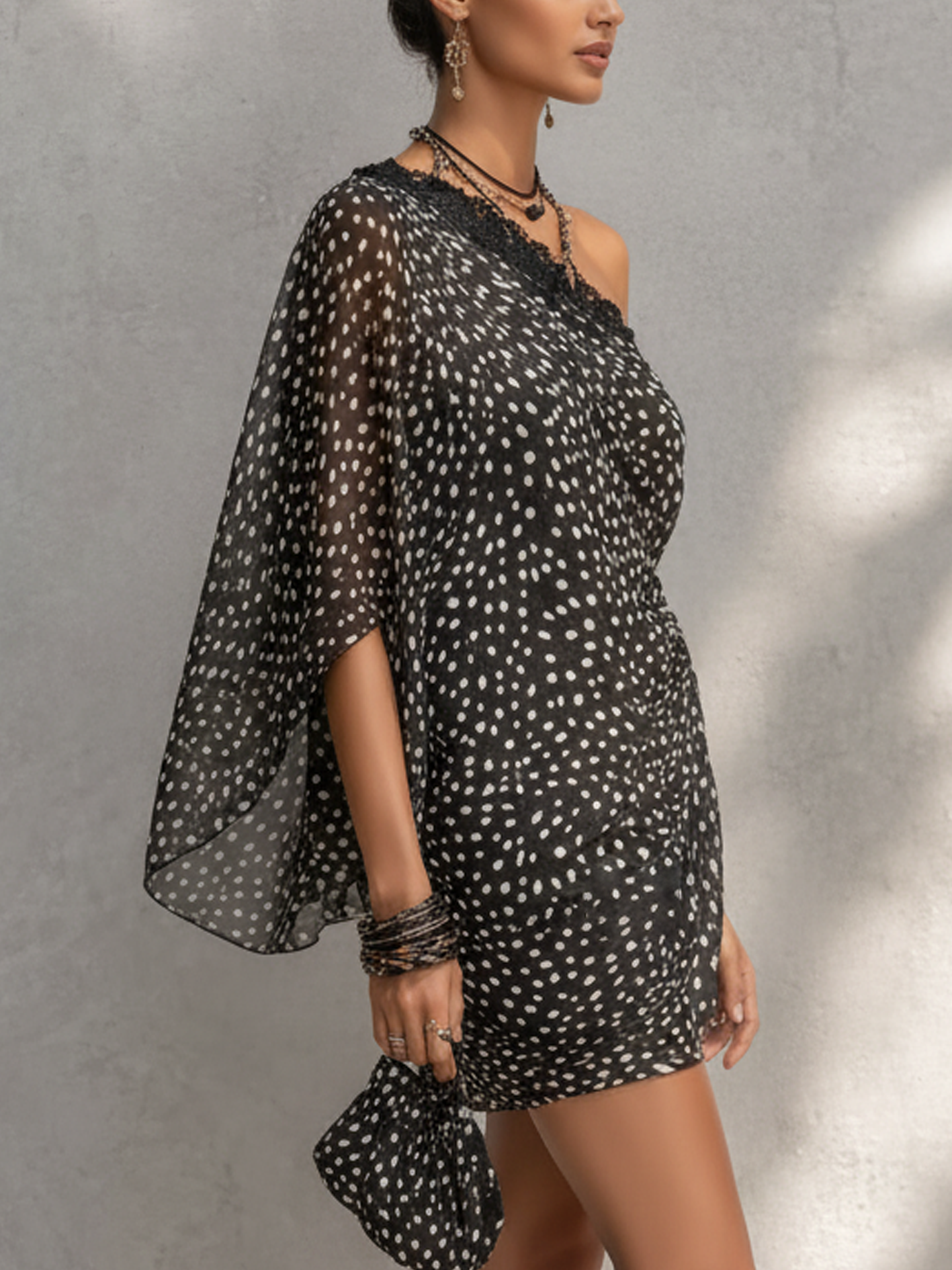 One Shoulder Black Polka Dot Lace Patchwork Chiffon Mini Dress