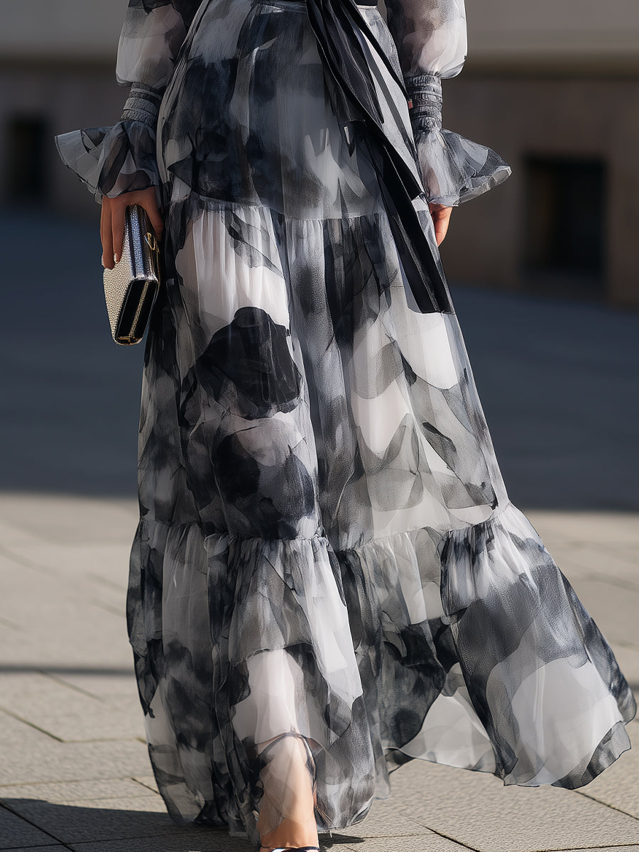 Abstract Print Tie Waist Maxi Dress