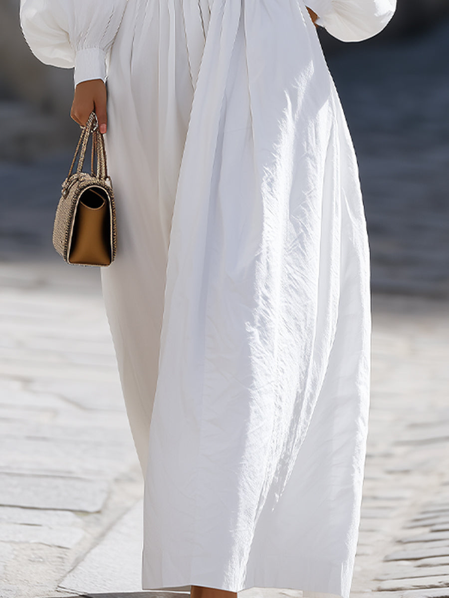 White Smocked Waist Hooded Maxi Dress