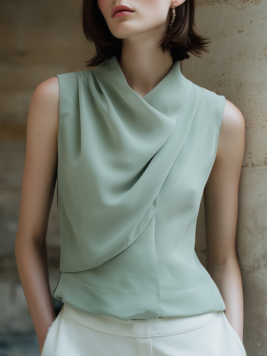 Draped Sleeveless Asymmetric Neckline Tailored Top