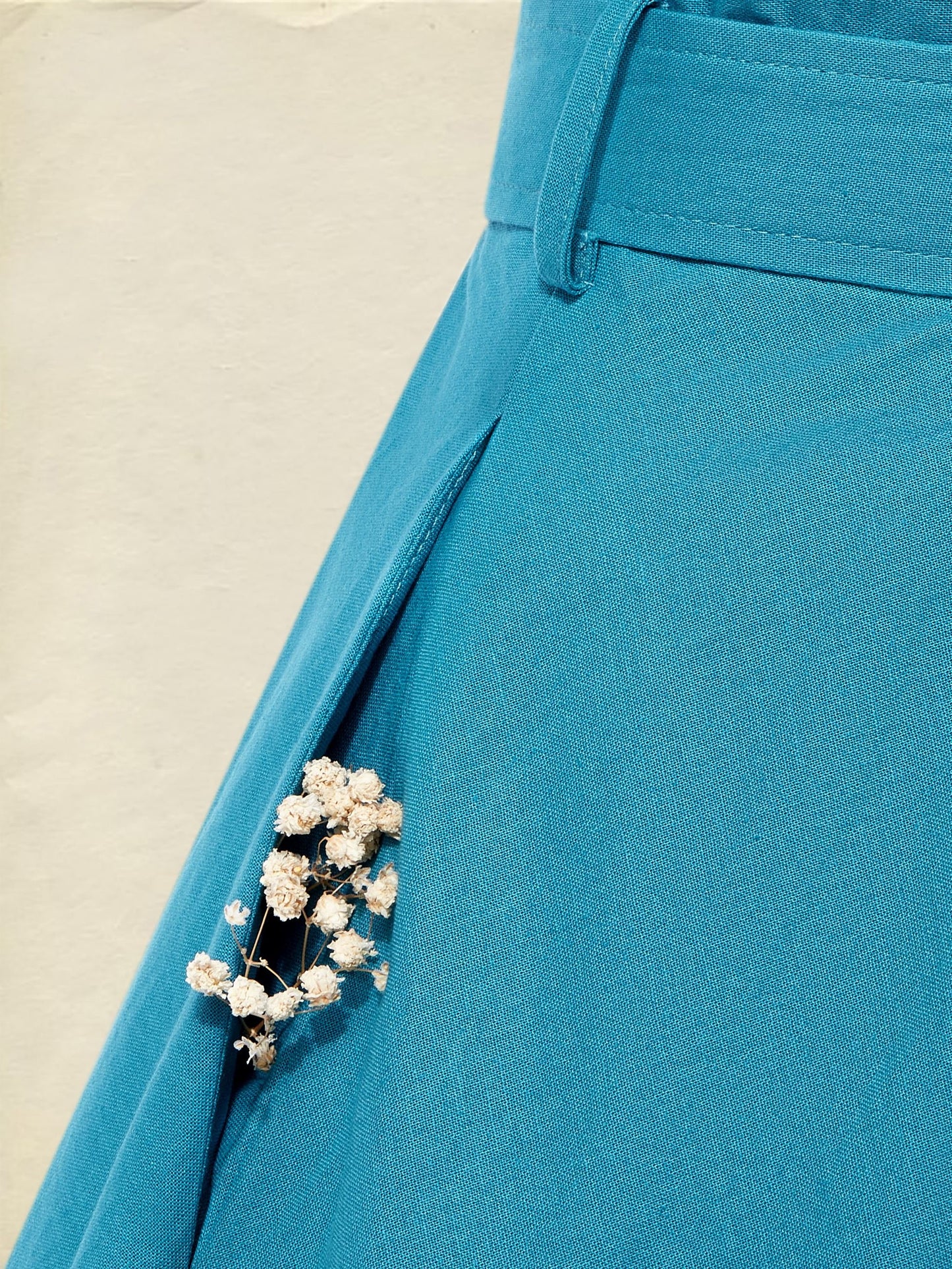 Midi Linen Dress , Half Sleeve, Shawl Collar, Plain, Belt Design, Vintage, Cyan