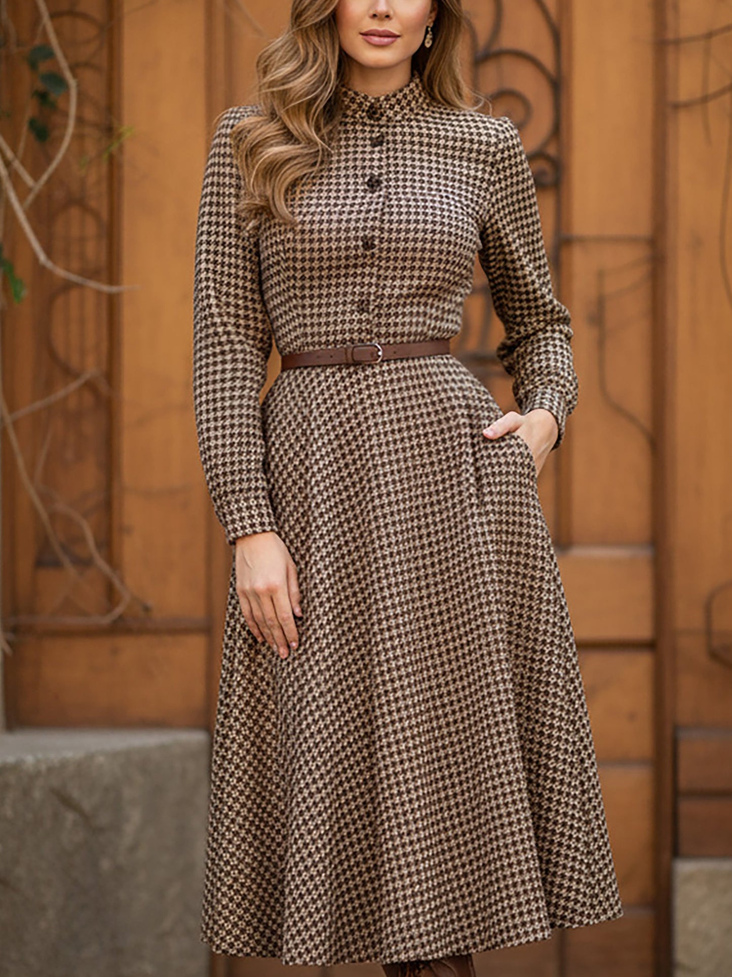 Midi Wool Dress, Long Sleeves, Stand Collar, Houndstooth, Button Design, Vintage, Brown