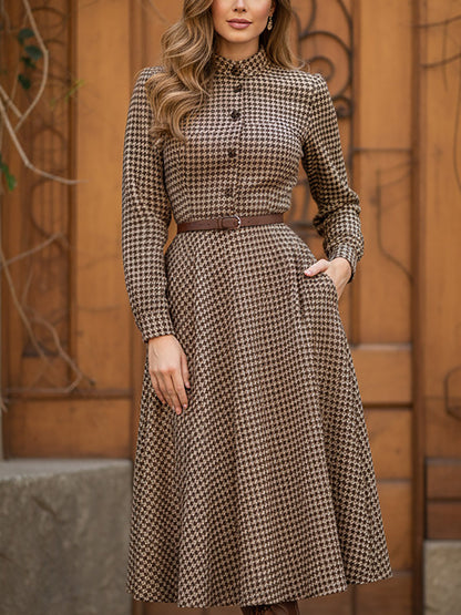Midi Wool Dress, Long Sleeves, Stand Collar, Houndstooth, Button Design, Vintage, Brown
