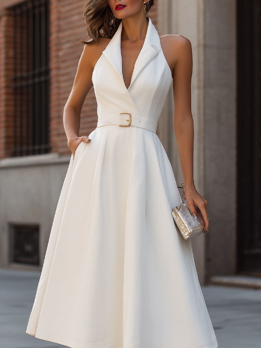 White Belted Halter Neck Midi Dress
