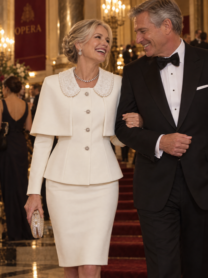 Ivory Pearl Lace Collar Cape Skirt Suit