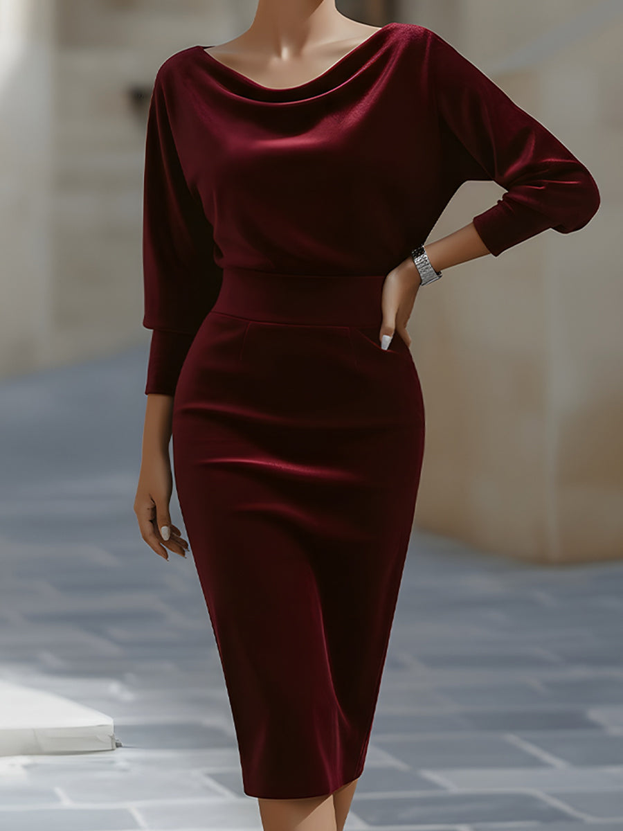 Draped Boat-Neck Velvet Pencil Dress