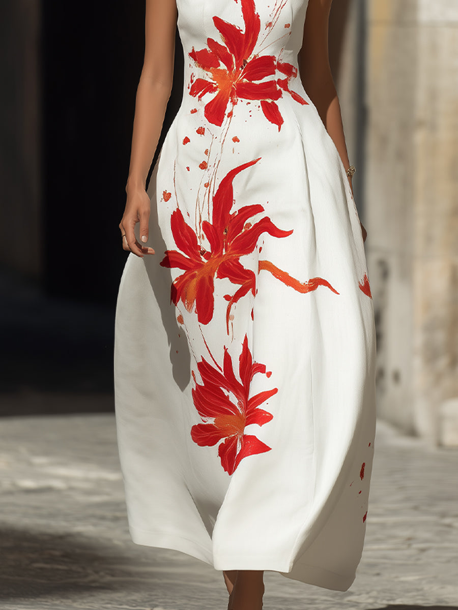 Modern Mandarin Collar Floral Maxi Dress ¨C Artistic Red Lily Print