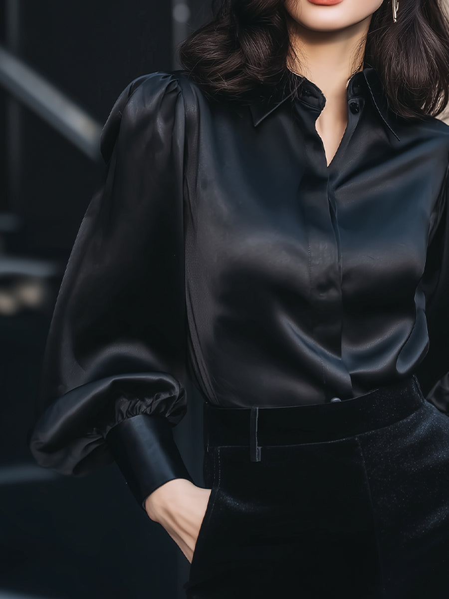 Luxury Satin Puff-Sleeve Button-Up Blouse