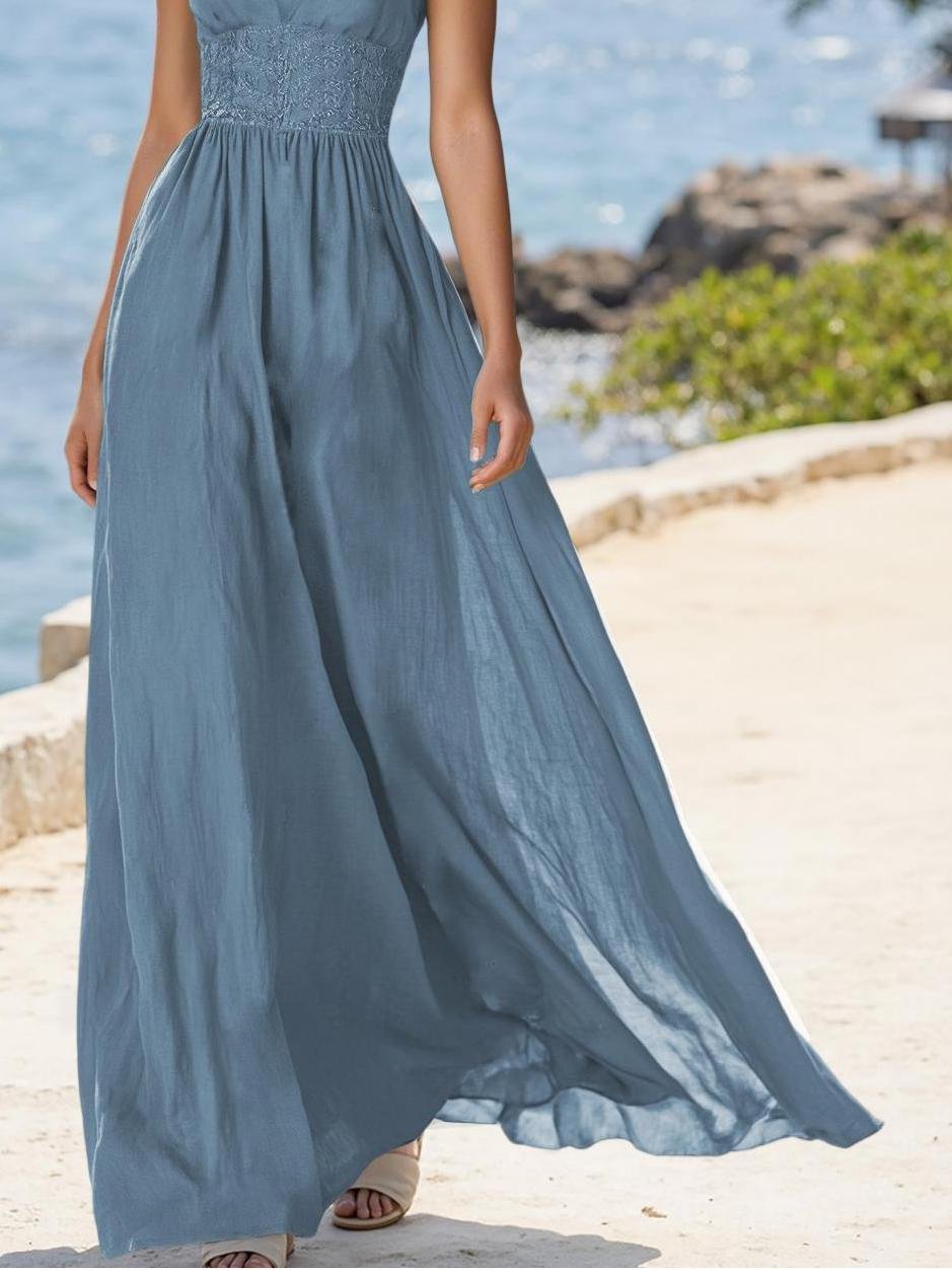 (SIZE:XS-XXL)Linen Maxi Dress, Sleeveless, V neck, Plain, Vintage, Cyan