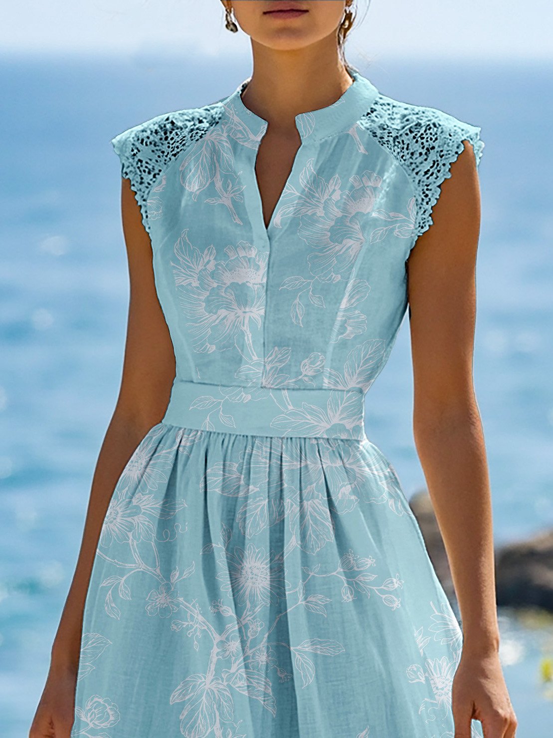 (SIZE:XS-XXL) Maxi Linen Dress , Cap Sleeves, Stand Collar, Floral, Lace, Vintage, Blue