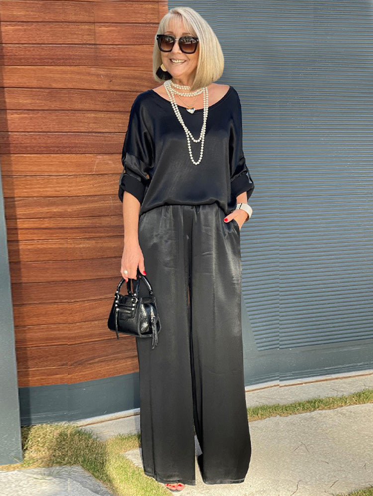 Satin Long Sleeve Wide Leg Pants Suit