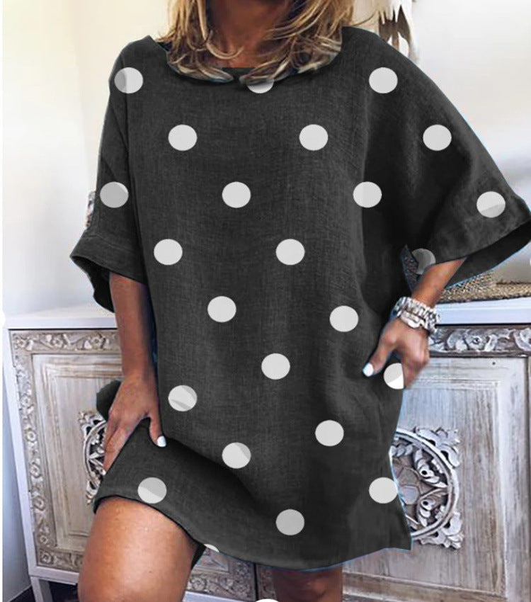 Plus Size New Polka Dot Print Fashion round Neck Loose Half Sleeve Dress