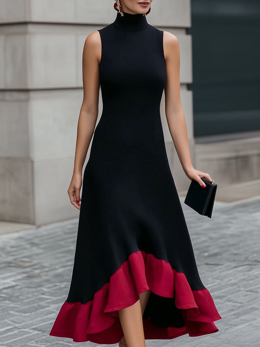 Black Midi Dress With Scarlet Ruffle Hem