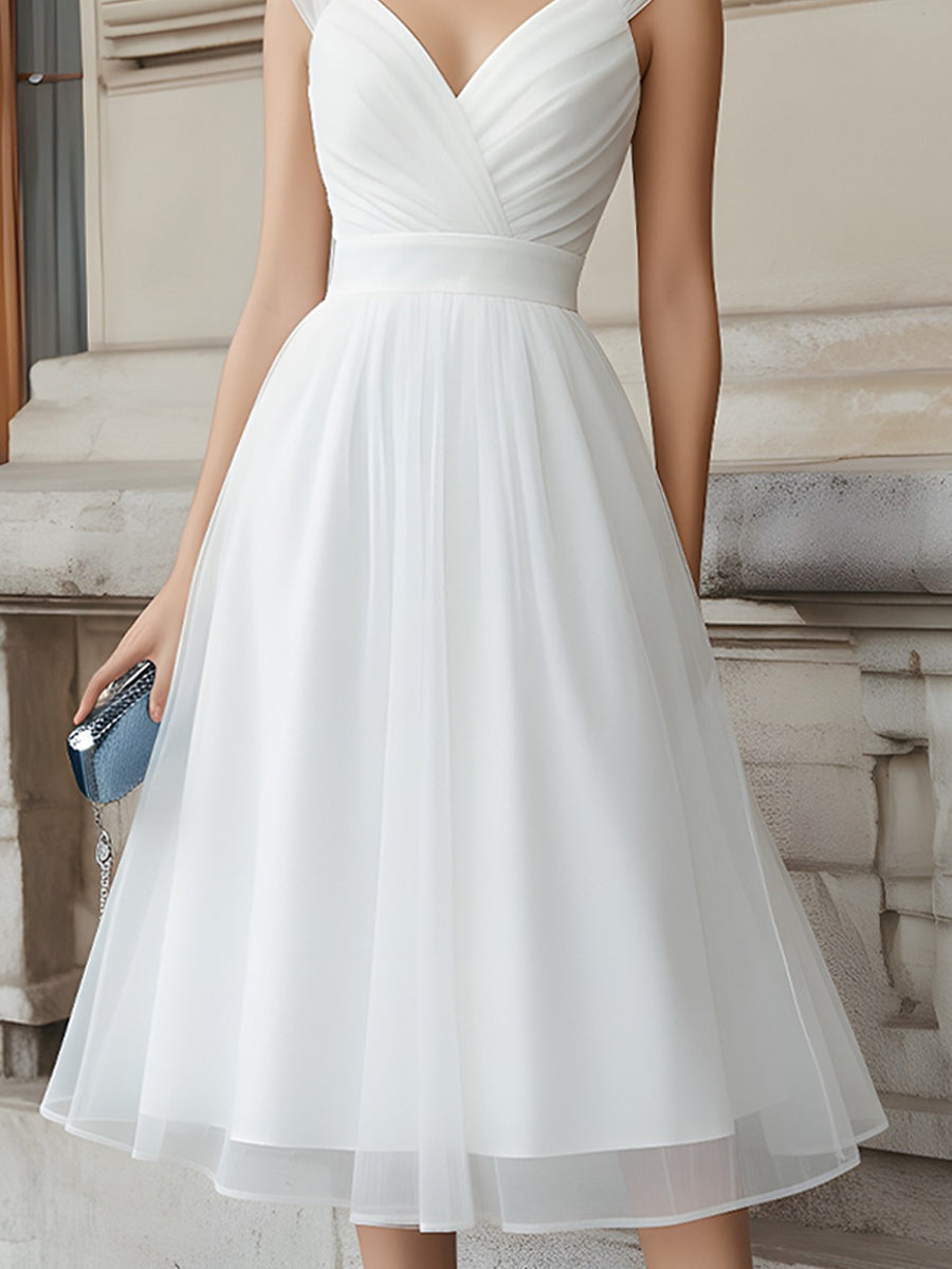 V-Neck Pleated Midi Dress With Cap Sleeves