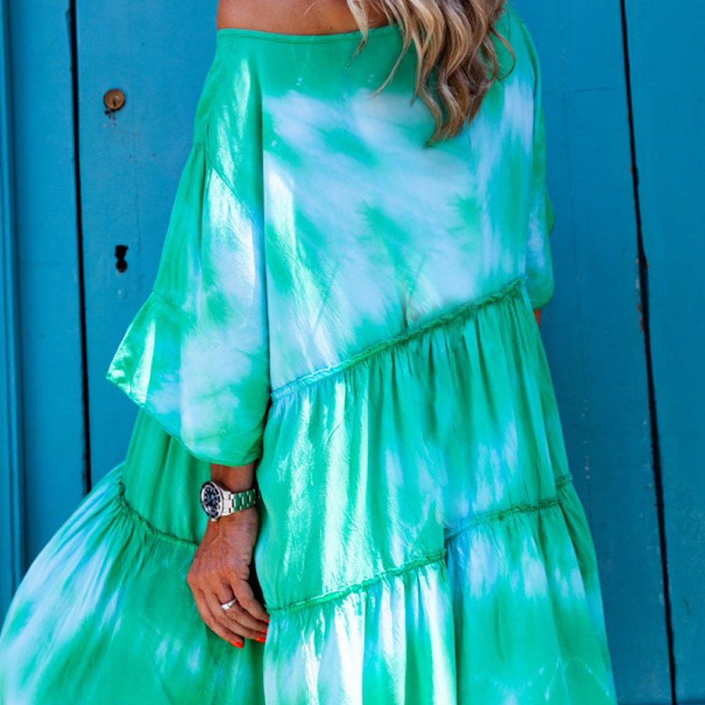 round Neck Shirt with Half Sleeve Tie-Dye Loose Dress