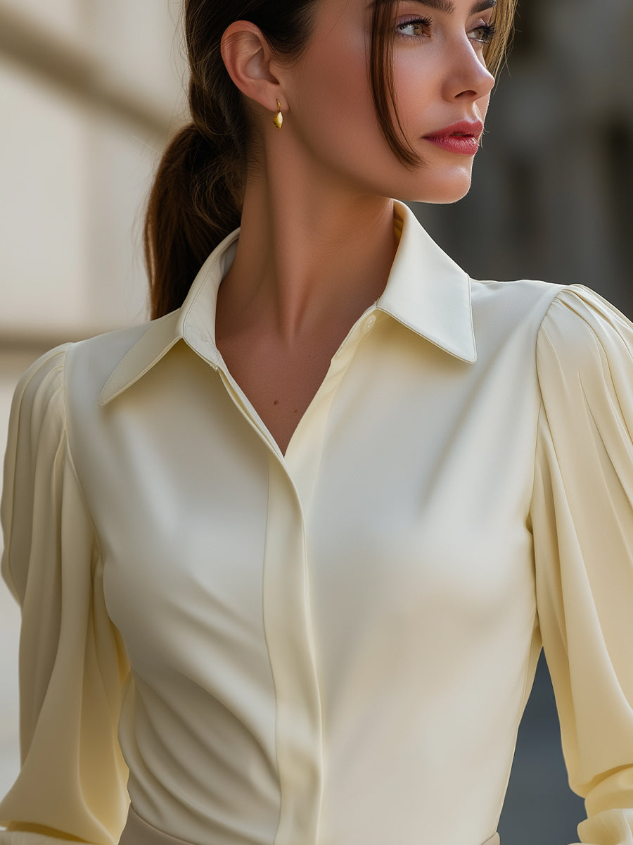 Puff Sleeve Button-Front Blouse With Point Collar