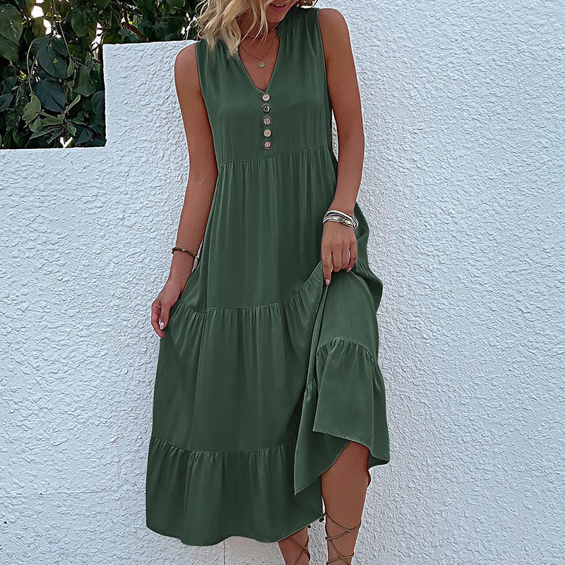 Sleeveless Draped Dress Loose V-neck Mid-Length Dress