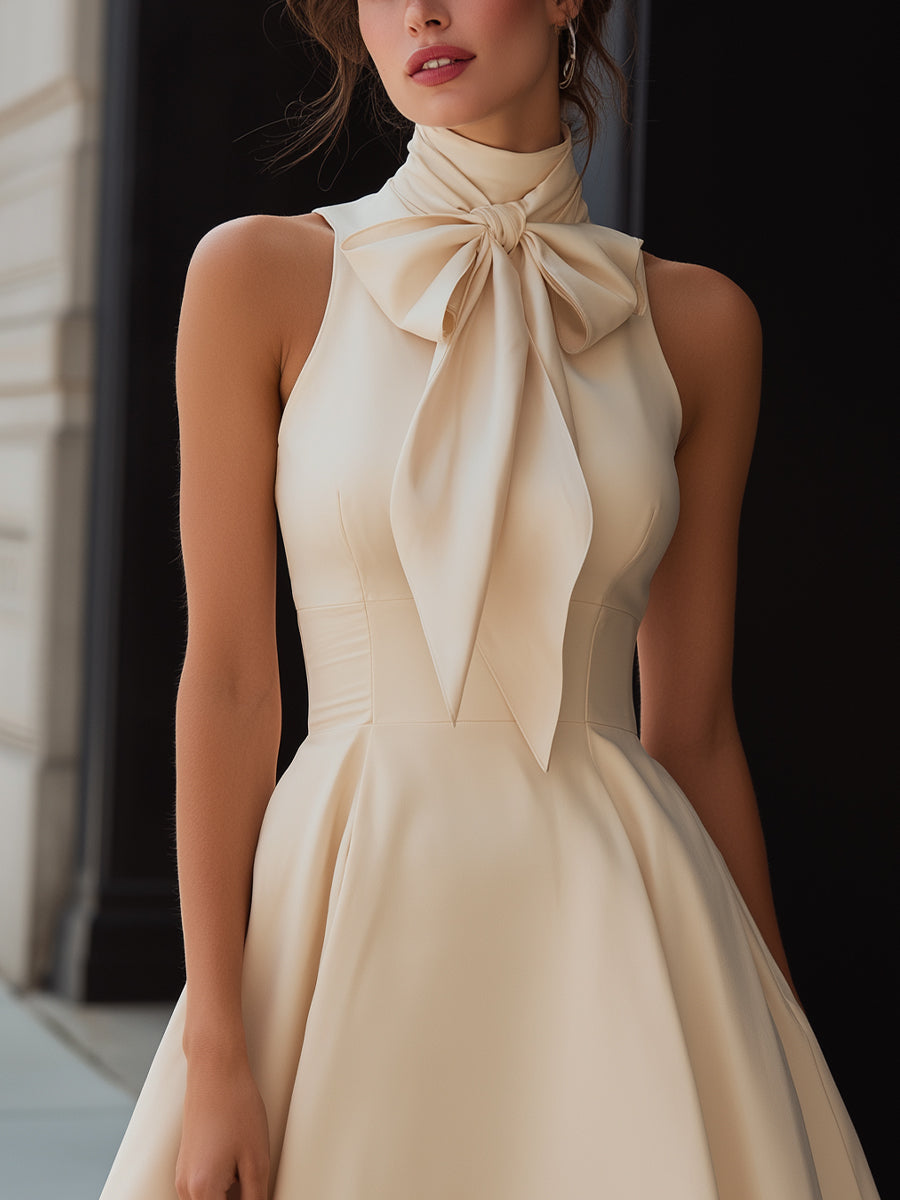 Sleeveless Midi Dress With High-Neck Bow Detail