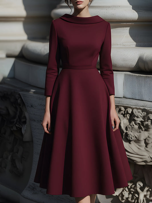 Structured Boat-Neck Burgundy Midi Dress