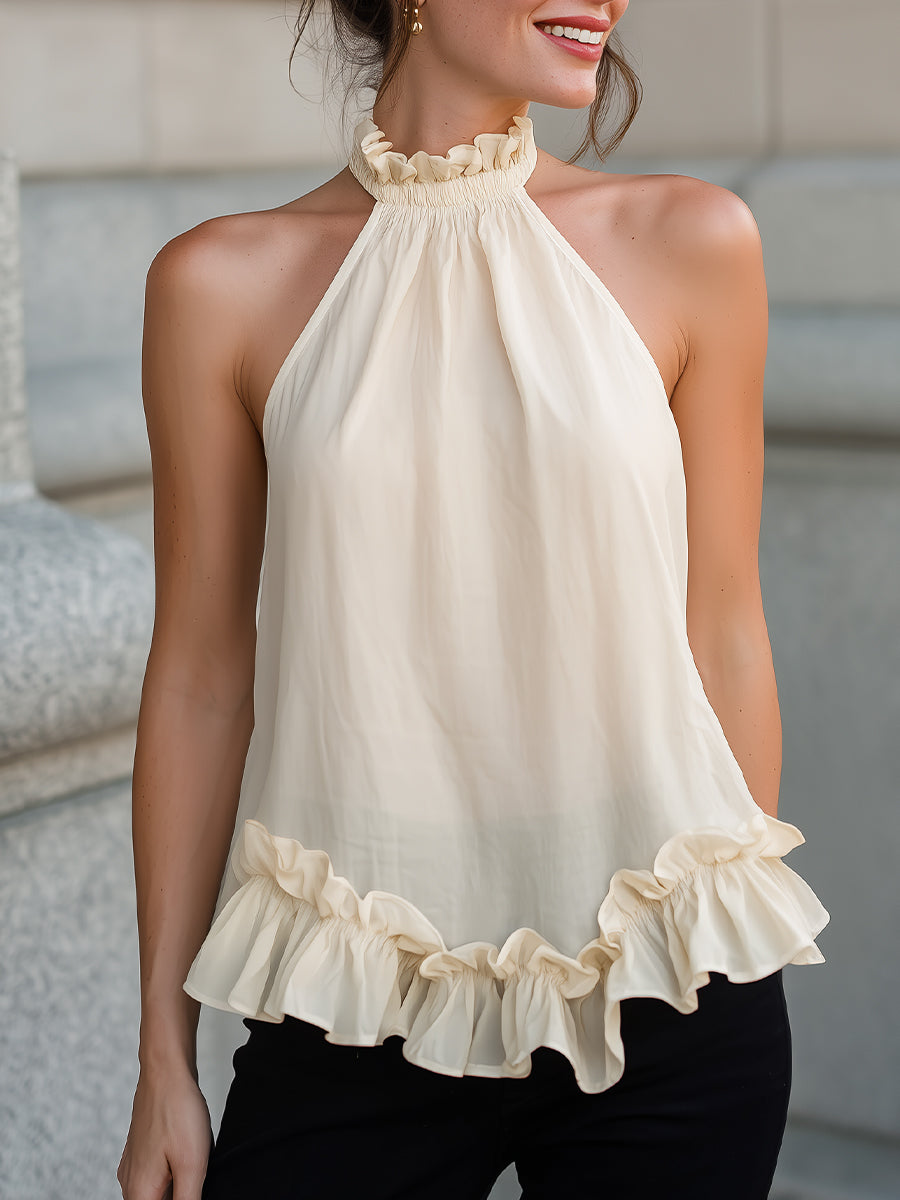 Cream Ruffled Halter Neck Chiffon Top With Ruffle Hem