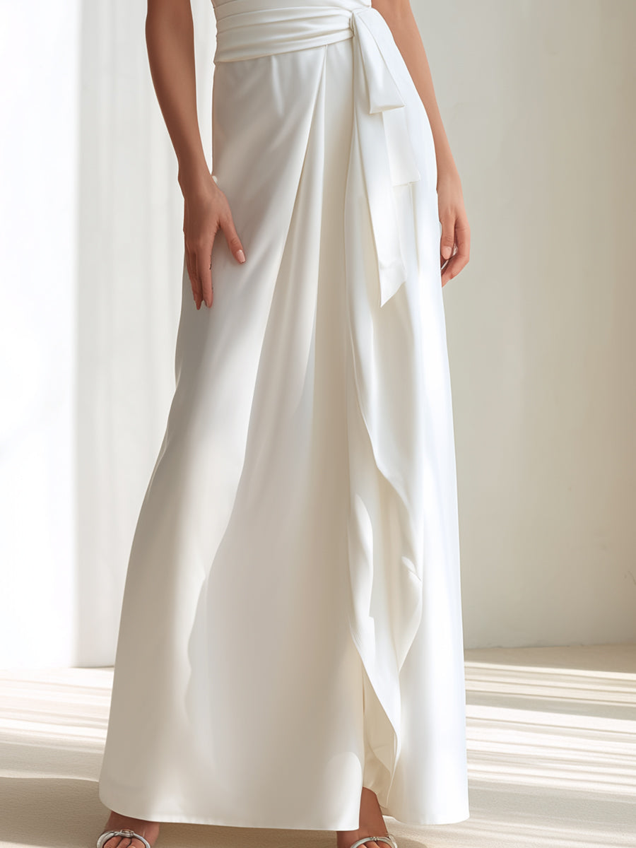 White Cross-Neck Lace Panel Wrap Maxi Dress