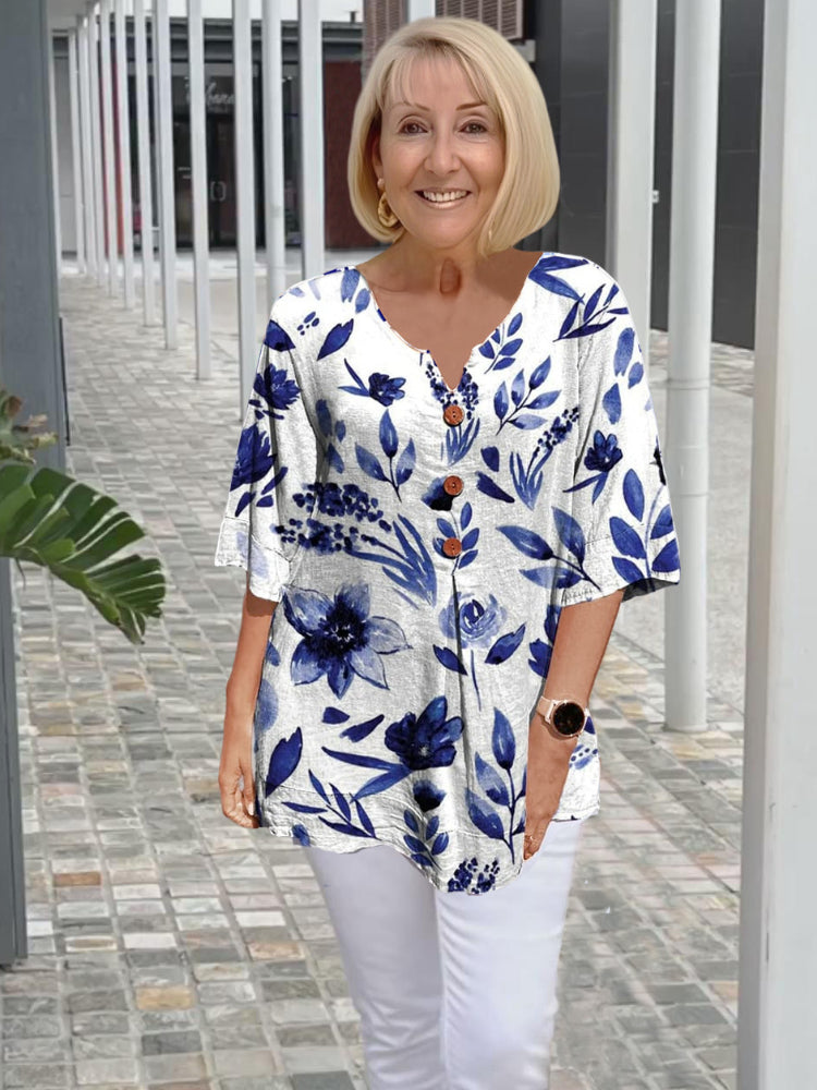 Blue Printed Half Sleeve Shirt Top