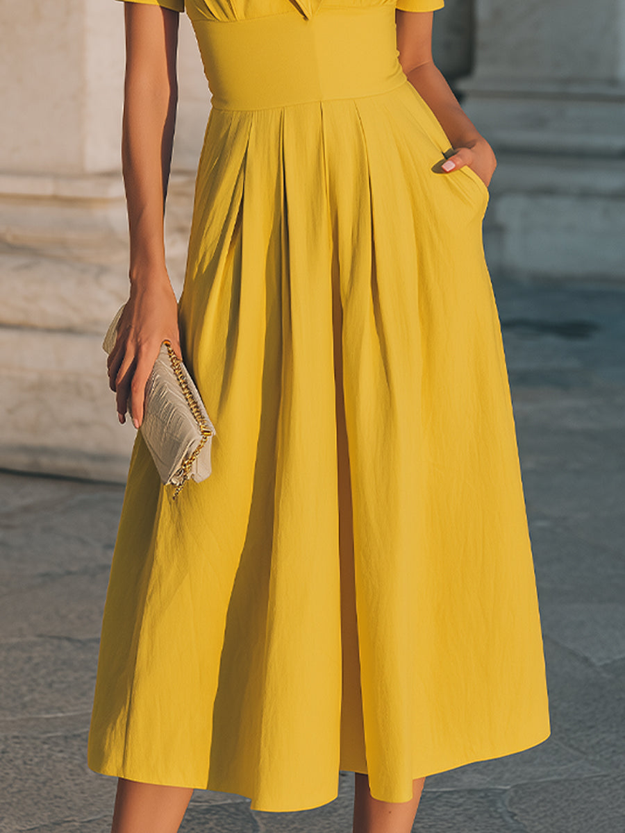 Collared Short-Sleeve Midi Dress With Structured Waist