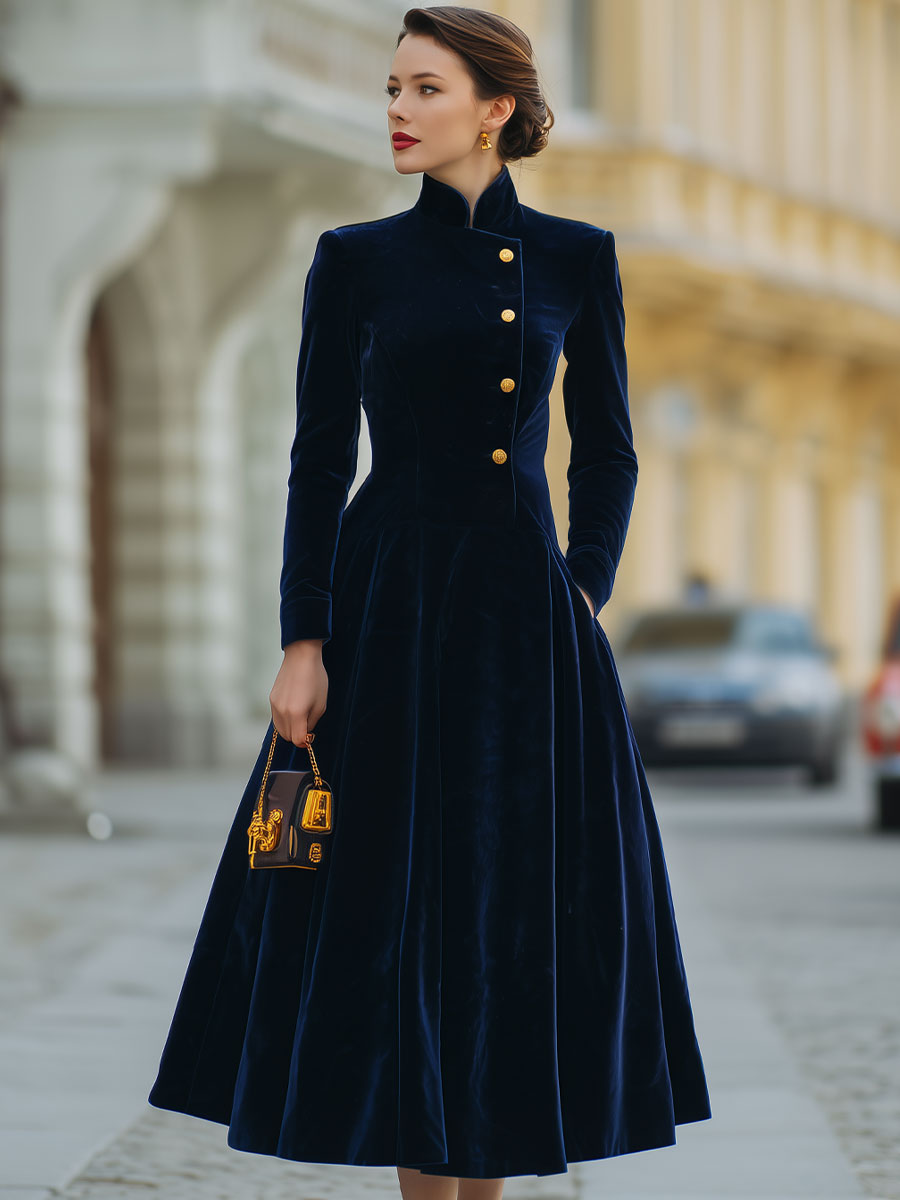 Luxe Navy Velvet A-Line Dress With Gold Accents