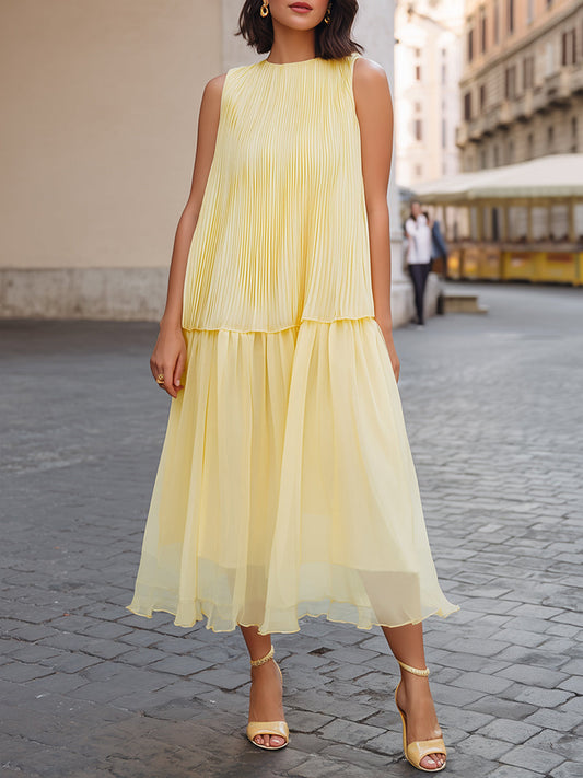 Luminous Grace: Pleated Tiered Sleeveless Midi Dress