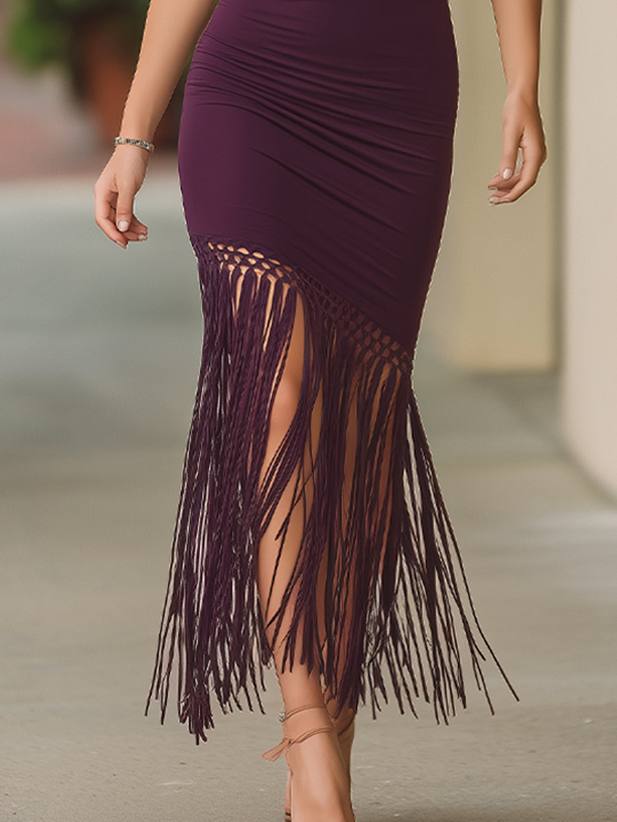 Midnight Dahlia Halter Neck Fringe Midi Dress