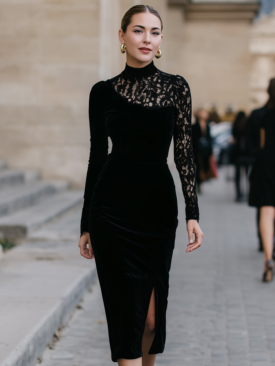High-Neck Lace Panel Velvet Midi Dress