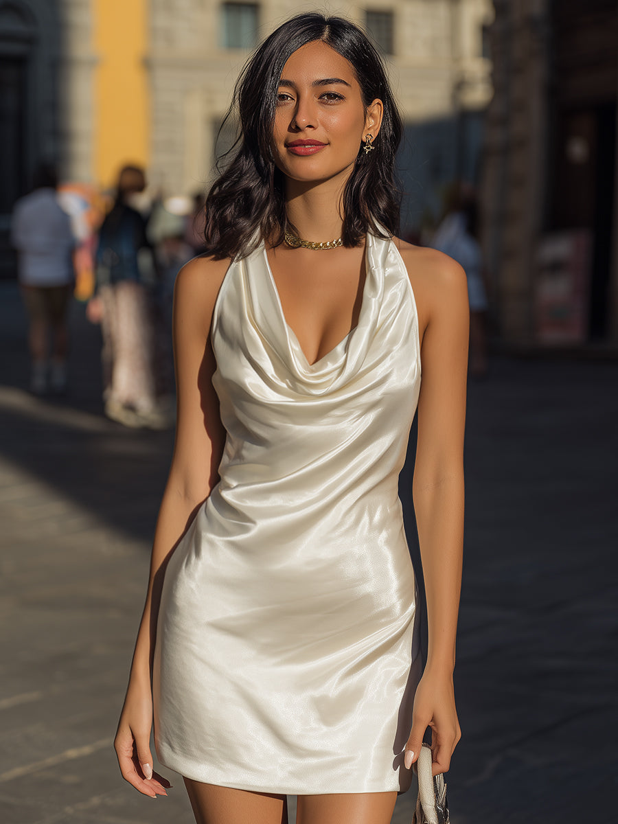 Luxurious Satin Cowl Neck Halter Mini Dress
