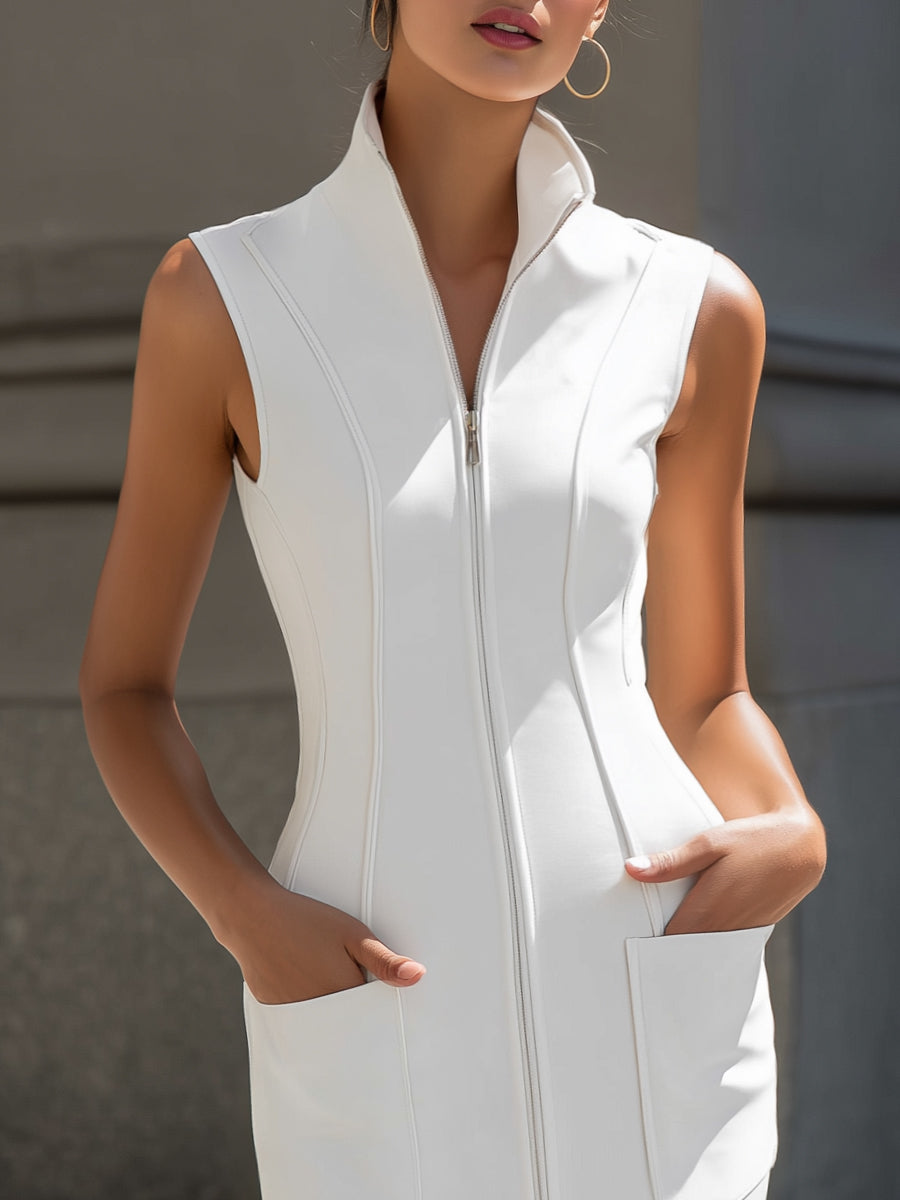 Sleeveless Stand-Collar Midi Dress With Dual-Zip Detail