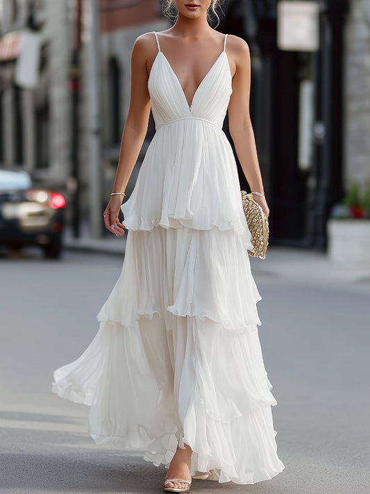 Tiered V-Neck Spaghetti Strap Maxi Dress