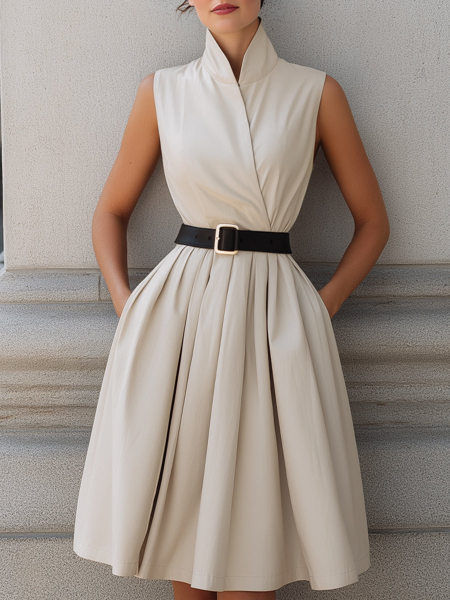 Sleeveless High-Neck Belted A-Line Midi Dress