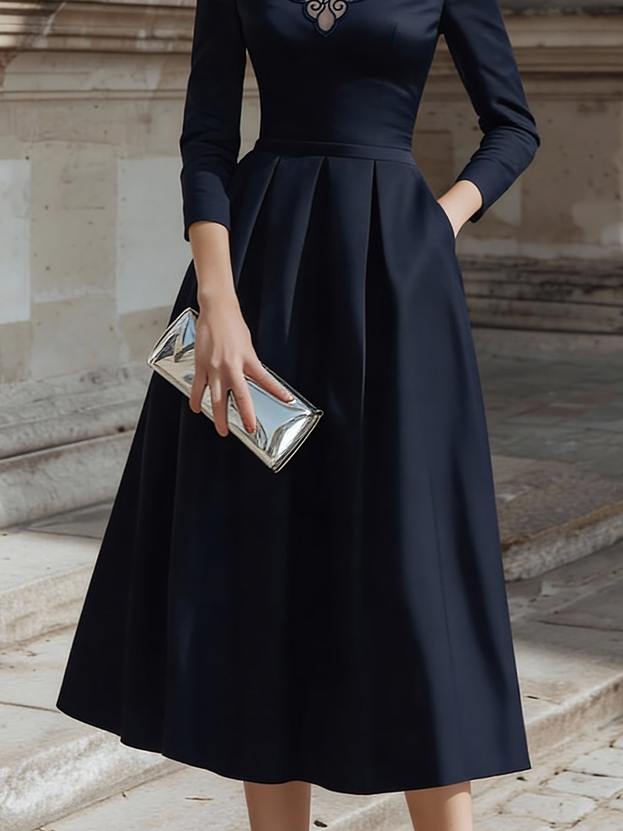 Embroidered Neckline Midi Dress With Defined Waist