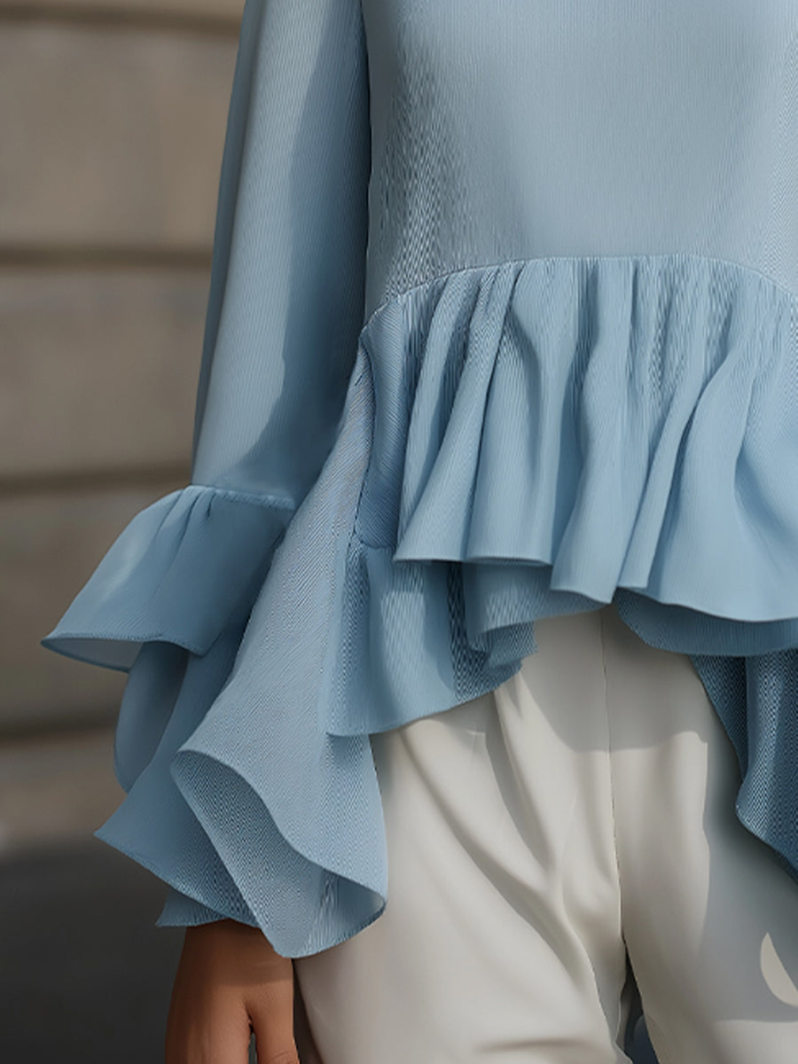 Elegant Sky Blue Peplum Blouse With Tiered Ruffle Hem And Flared Sleeves