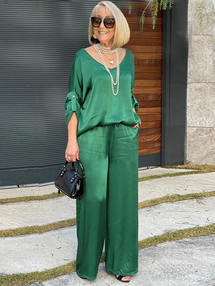 Satin Long Sleeve Wide Leg Pants Suit